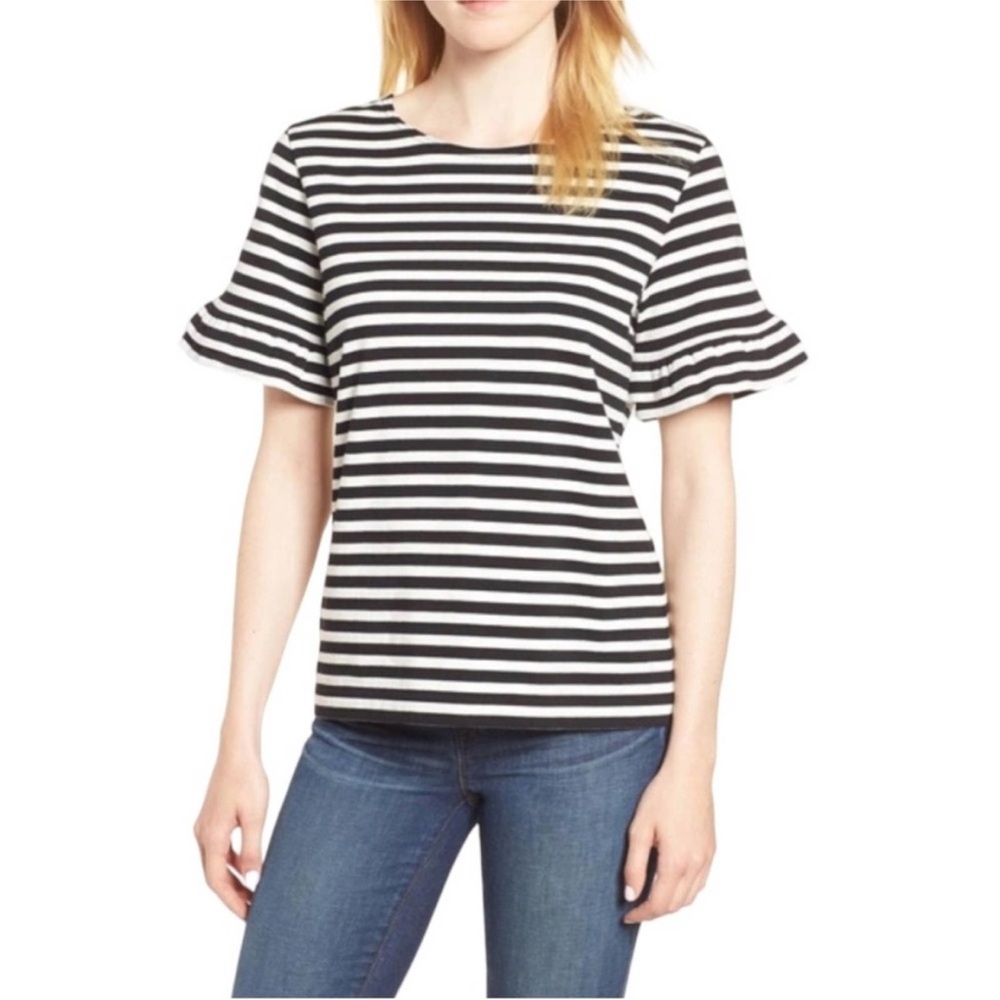 J.Crew Navy Blue White Stripe Short Ruffle Sleeve Shirt Blouse Cotton Sz S